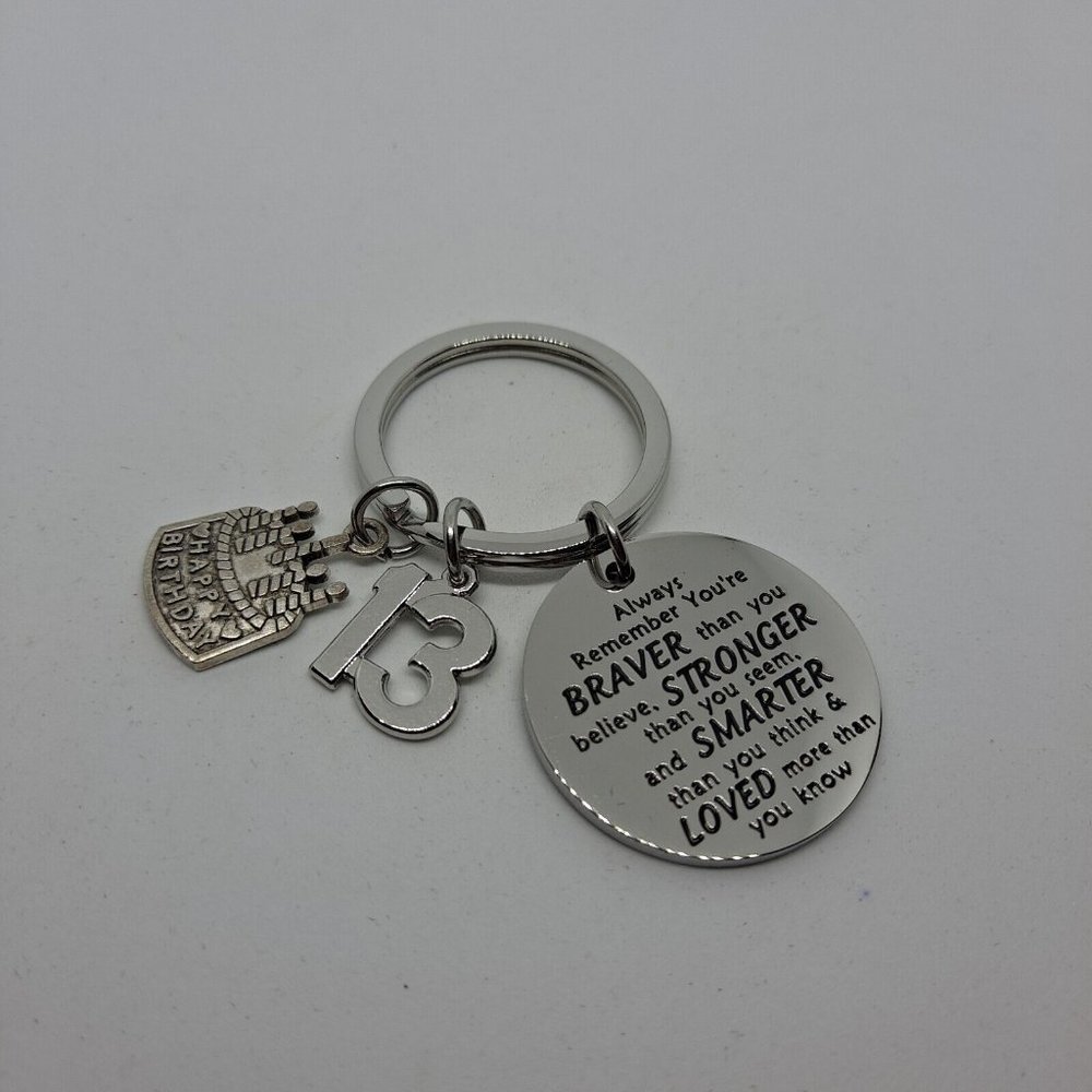 Keychain Happy Birthday 13th Teenager Brave Strong Gift inspirational Silver